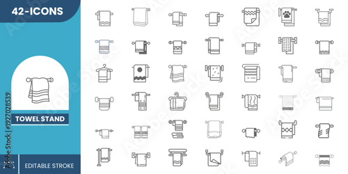 Editable Towel Stand Icon Set – Bathroom Rack, Holder & Hanging Bar Vector Icons.
