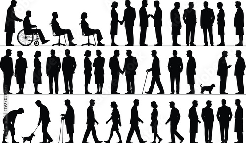 People silhouettes collection with business interactions wheelchair users seniors and dogs, black inclusive human lifestyle figures isolated on white