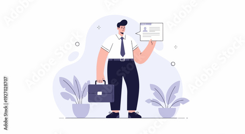 A person in a suit carries a briefcase while holding up a document