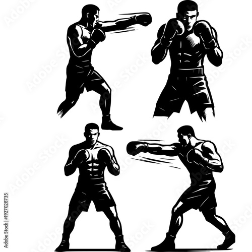 "Minimal black and white vector illustration of a boxer in multiple fighting poses, front and back view, wearing boxing gloves and shorts, strong muscular body, solid black silhouette style, high cont