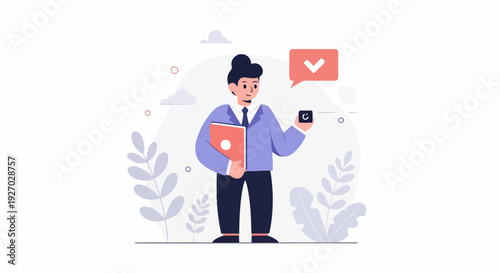Cartoon businessman holding folder and device, with checkmark speech bubble