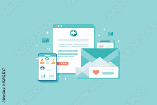 A vector graphic illustration of a medical email concept with a phone and computer