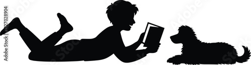 Silhouette of a person lying down reading a book with a fluffy dog resting nearby on a white background conveying a peaceful leisure moment