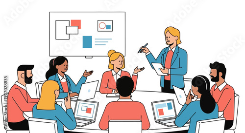 Diverse team collaborating in a modern business meeting.