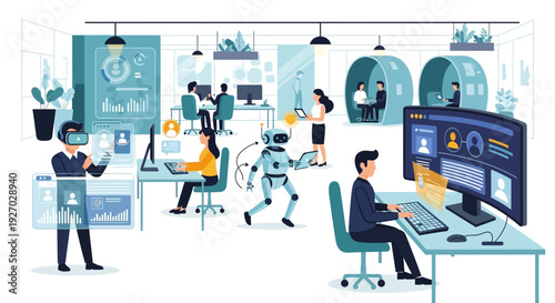 Futuristic Office with AI Robot and VR Technology.