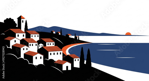 Serene coastal village with white houses and red roofs on a hillside overlooking a calm sea at sunset