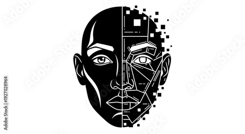 Humanoid face split into digital pixels and geometric structure