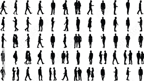 People silhouettes collection with men and women walking standing talking and meeting poses, black human interaction figures isolated on white