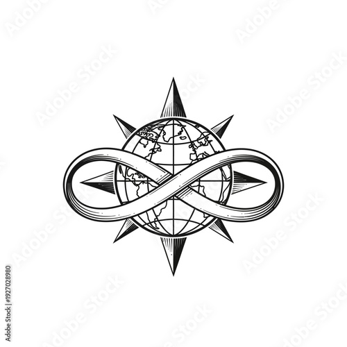 Infinity Symbol Around Globe with Compass Rose - Global Navigation Concept