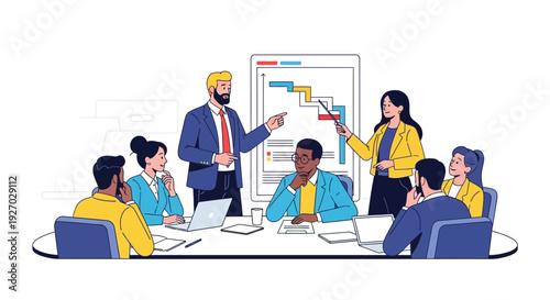 Diverse team collaborating in a modern business meeting.