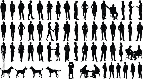 People silhouettes collection with men women business interactions wheelchair users and dogs, black human lifestyle figures isolated on white