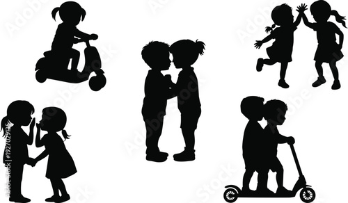 Silhouettes of children engaged in various playful activities, including riding scooters, whispering secrets, and high-fiving, conveying childhood joy and friendship