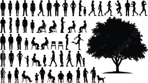 People silhouettes collection with men women children actions and poses, black human figures set with tree illustration isolated on white