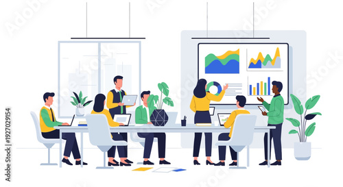 Diverse team collaborating in a modern office meeting room.