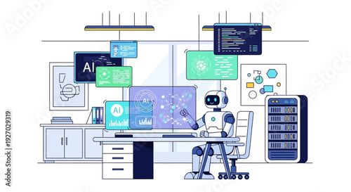 Futuristic robot working in a modern office environment.