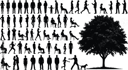People silhouettes lifestyle mega collection, men women and children standing sitting walking activities, daily life scenes with tree, modern human figures illustration