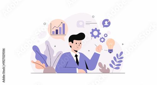 A stylized businessman contemplating a lightbulb and graph, surrounded by abstract shapes and gears