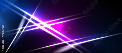 Abstract light streaks intersect, creating vibrant blue, purple glow. Dark background emphasizes bright lines, dynamic energy.