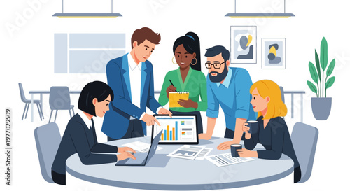 Diverse team collaborating on a business project using technology.