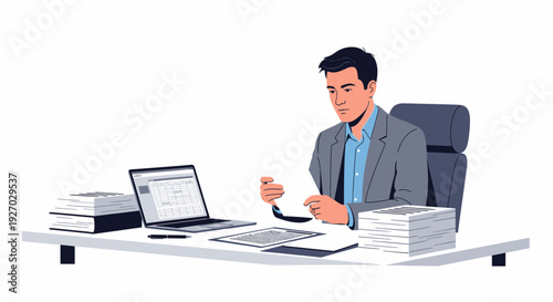 Man in Suit Working at Desk with Laptop and Papers.