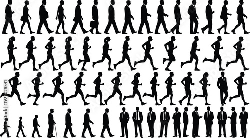 People silhouettes showing walking running and business progression, black human movement sequence collection isolated on white background