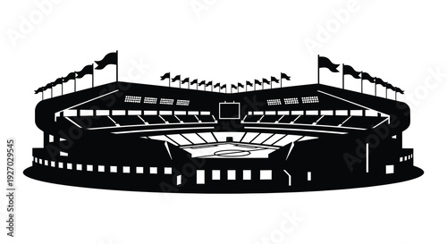 A striking black silhouette depicts a baseball stadium with waving flags and detailed architecture silhouette high quality professional