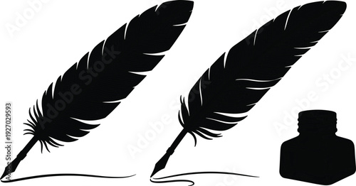 Quill pen vector illustration, ink bottle drawing, vintage writing tools, calligraphy art, feather pen design, antique stationery, literature symbol, retro