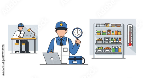 Man in Uniform Inspecting Refrigerator Contents with Laptop and Clock.