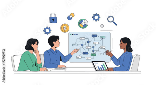 Diverse team collaborating on a business strategy flowchart.