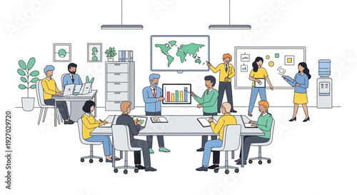Diverse team collaborating in a modern office meeting room.