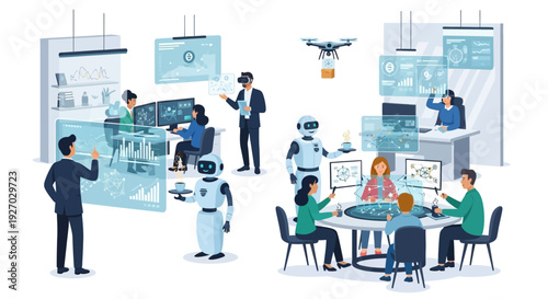 Futuristic Technology Innovation Lab with Robots and Drones.