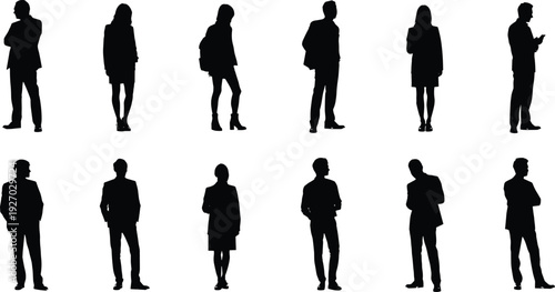 People silhouettes standing poses collection, men and women business casual figures, professional lifestyle, modern human characters, black silhouette illustration set