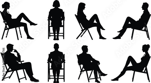People sitting on chairs silhouettes collection, men and women relaxed seated poses, interview waiting therapy concept, social interaction, black human figures illustration