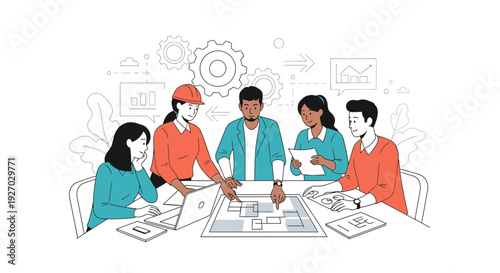 Diverse team collaborating on project plans at table.