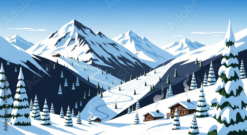 Snowy mountain resort village with ski trails and cabins in winter landscape