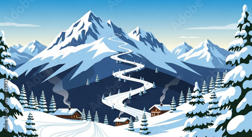 Snowy mountain landscape with winding road and cabins serene winter scene with snow covered trees and majestic peaks under blue sky