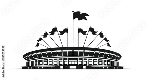 A striking black and white illustration depicts a stadium with waving flags presented as a silhouette high quality