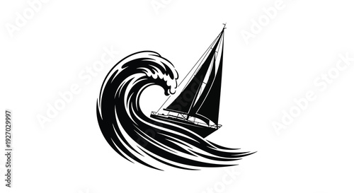 A dynamic black and white image depicts a sailing ship navigating a large curling wave silhouette high quality