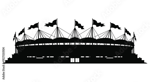 A striking black silhouette of a large stadium with waving flags evoking a sense of grandeur and event silhouette