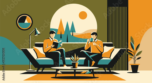 Two men sitting on a sofa reading and drinking coffee in a modern living room, flat vector illustration.