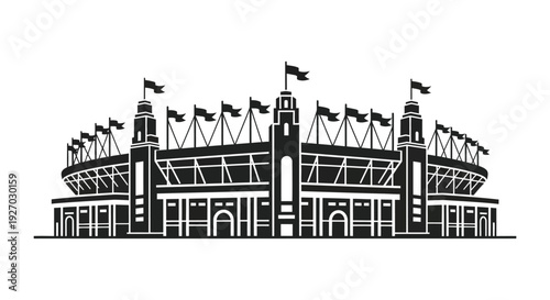 A striking black and white illustration depicts a large stadium with multiple flags a bold silhouette high quality