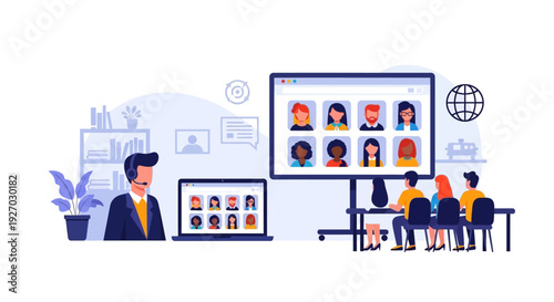 Hybrid Video Conference and Online Training Session. Remote Instructor Leading Webinar for Team Meeting in Office. Teleworking, Digital Education, and Virtual Classroom.