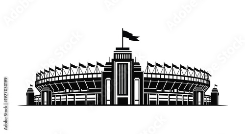 A striking black and white illustration depicts a grand stadium structure showcasing an elegant silhouette high quality professional
