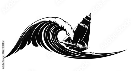 A dramatic black wave crests as a sailing ship navigates rough seas rendered as a silhouette high quality