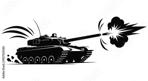 A dynamic black silhouette of a tank firing its cannon with smoke and debris silhouette high quality professional
