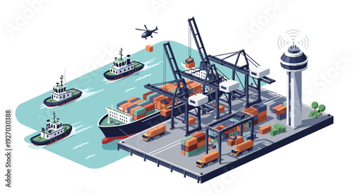 Modern Container Port with Cranes and Ships.