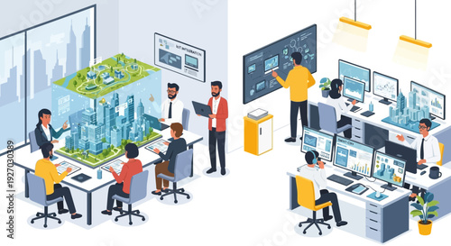 Diverse Team Collaborating on Urban Planning and Technology Solutions.