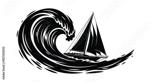 A dynamic black and white image depicts a sailing boat navigating a large curling ocean wave silhouette