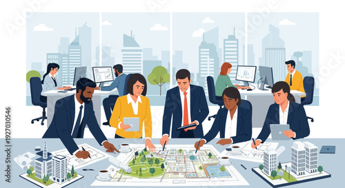 Diverse team collaborating on urban planning project around table.