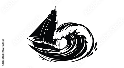 A majestic sailing ship battles a large swirling wave in a dramatic black silhouette high quality professional detailed